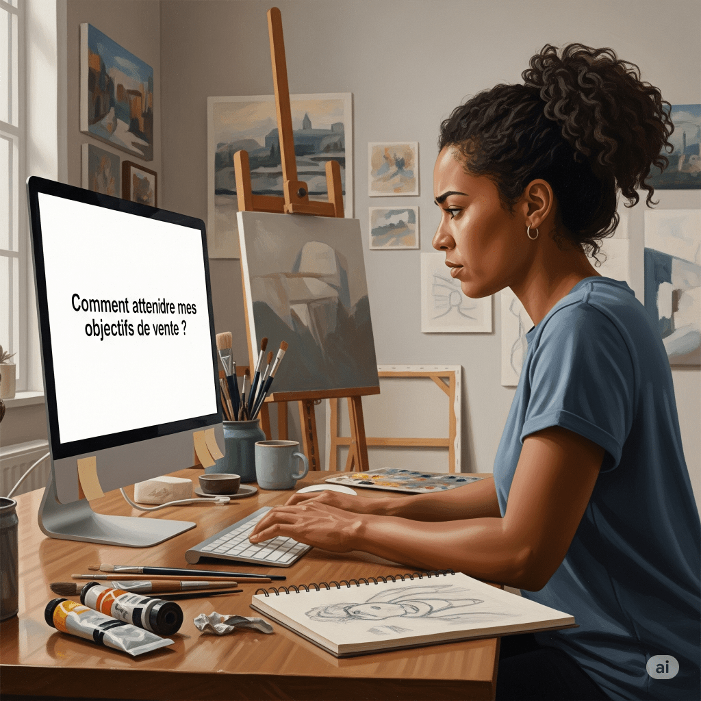 Une artiste peintre est sur son ordinateur. Elle travaille ces objectifs de vente