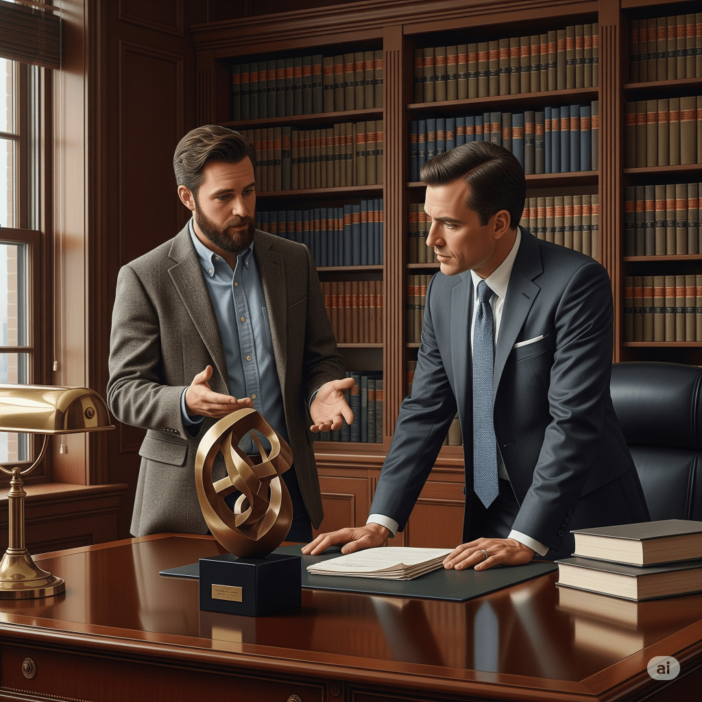 Un artiste discute avec un avocat. Ils sont dans un cabinet d'avocat, ils parlent de contrats.