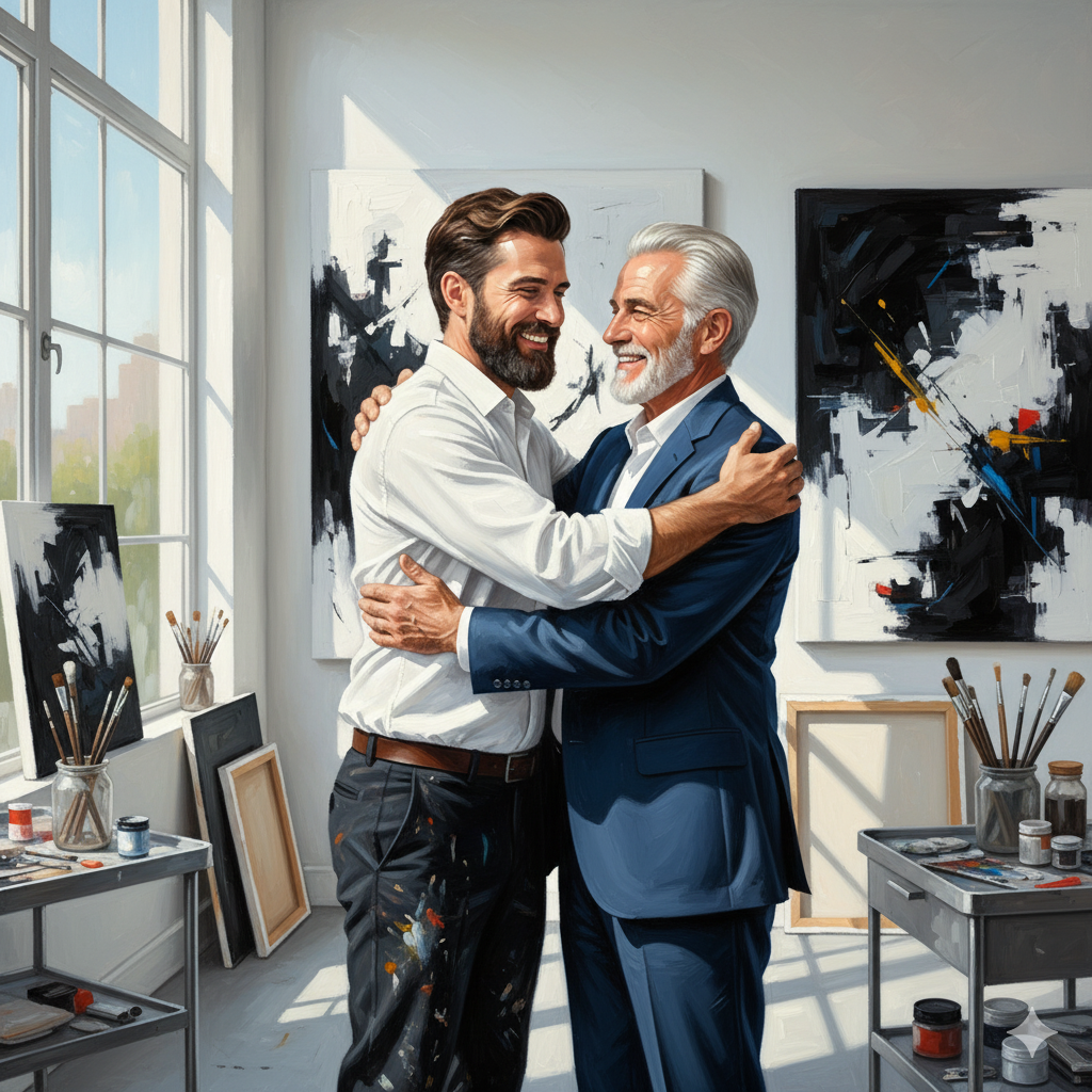 Un artiste et un acheteur se font une accolade dans un atelier